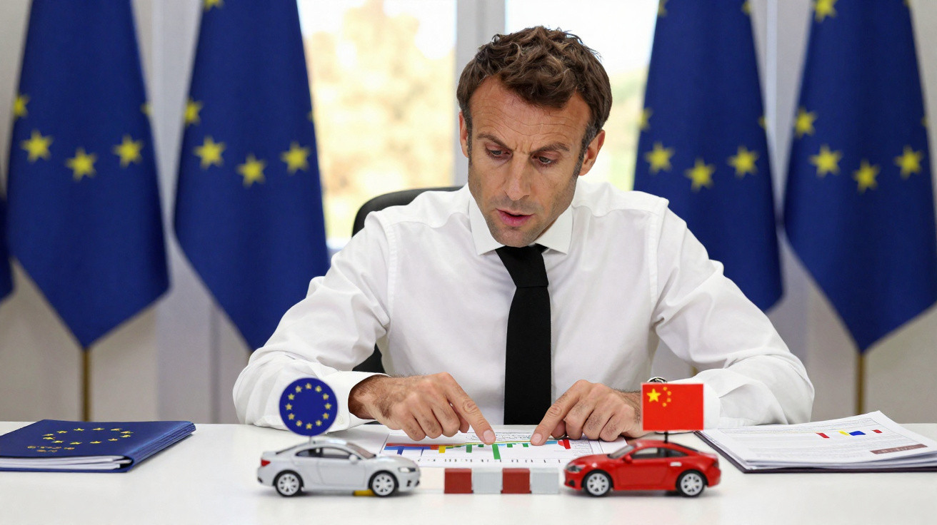 Homem sentado à mesa com bandeiras da UE ao fundo, apontando para gráficos entre dois carros em miniatura.