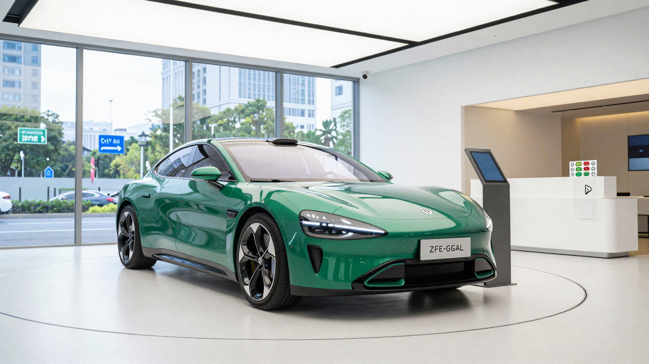 Carro desportivo elétrico verde exposto num salão moderno com iluminação natural e painéis digitais.