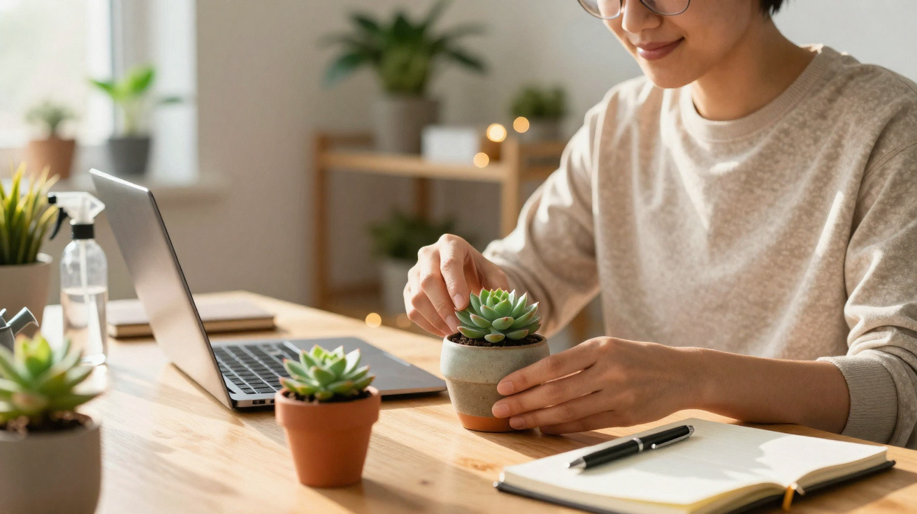 Pessoa a cuidar de plantas suculentas numa mesa com computador portátil e caderno numa sala bem iluminada.