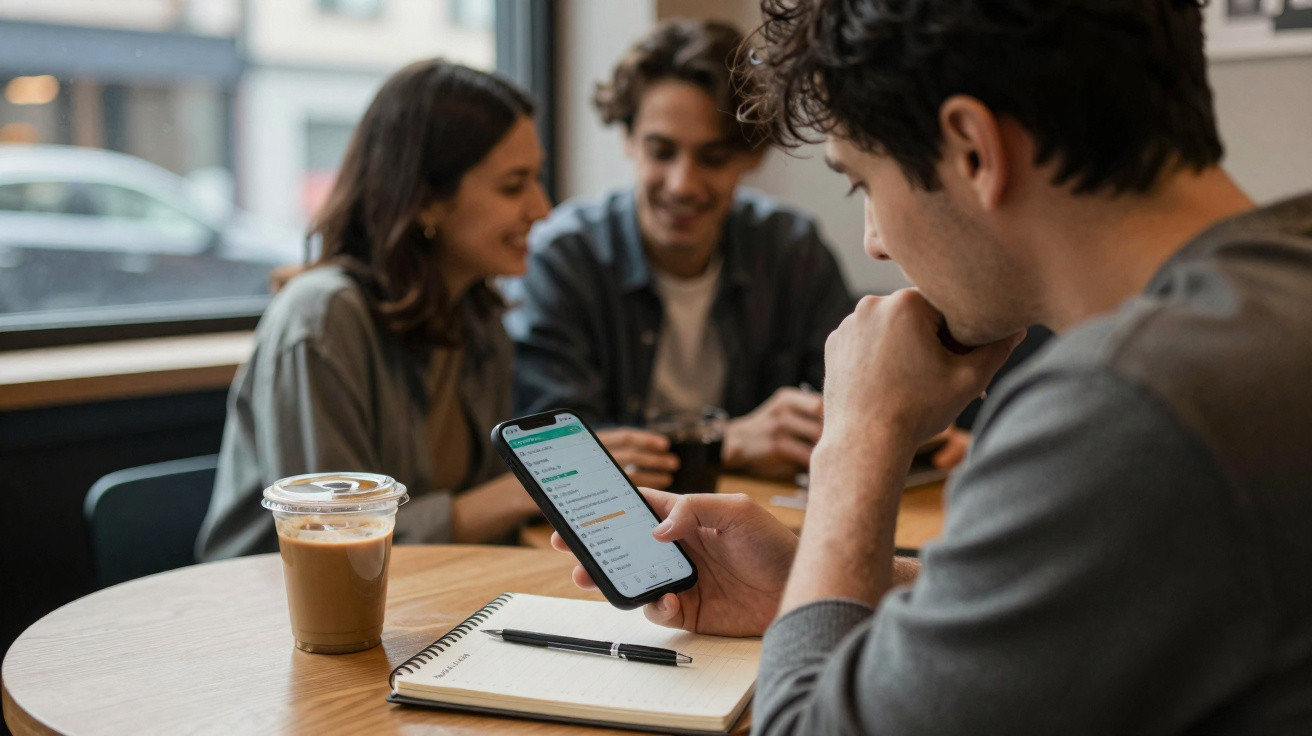 Pessoa a consultar smartphone numa mesa com caderno, caneta e bebida, enquanto duas pessoas conversam ao fundo.
