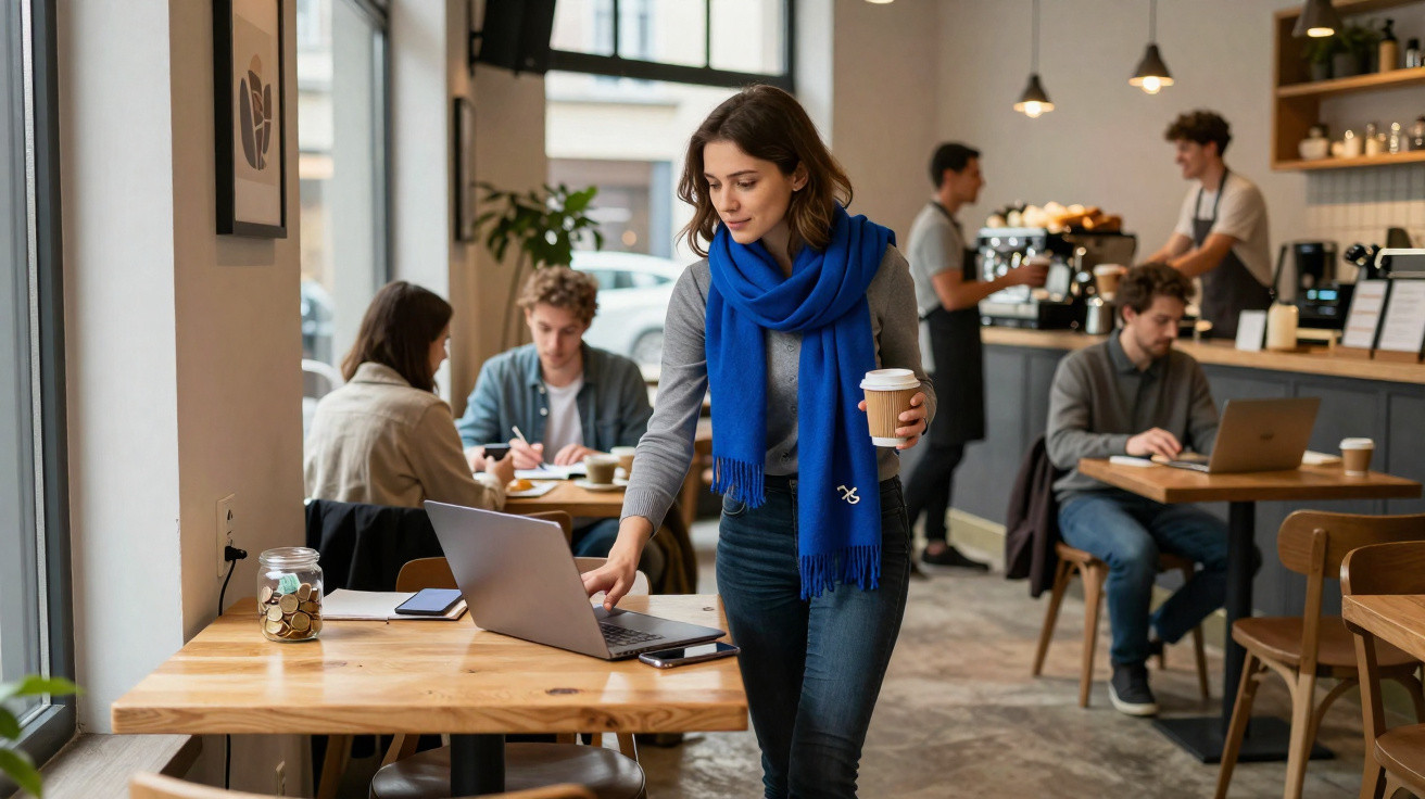 Mulher com cachecol azul usa laptop e segura café num café com várias pessoas ao fundo.