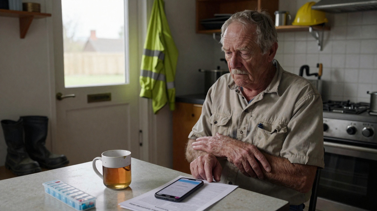 Idoso sentado à mesa com medicamento, chá, telemóvel e documentos numa cozinha simples.