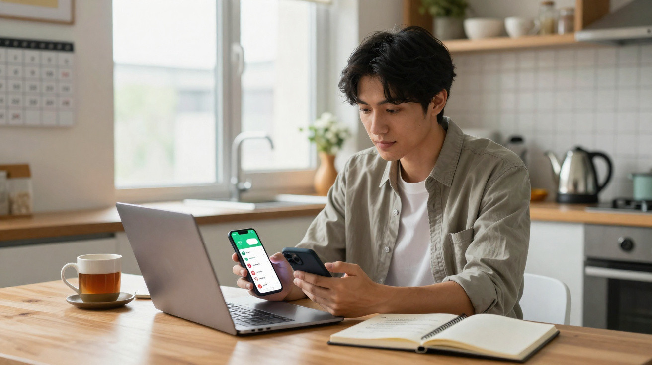 Jovem sentado à mesa da cozinha com laptop, telemóveis e caderno a trabalhar ou estudar.