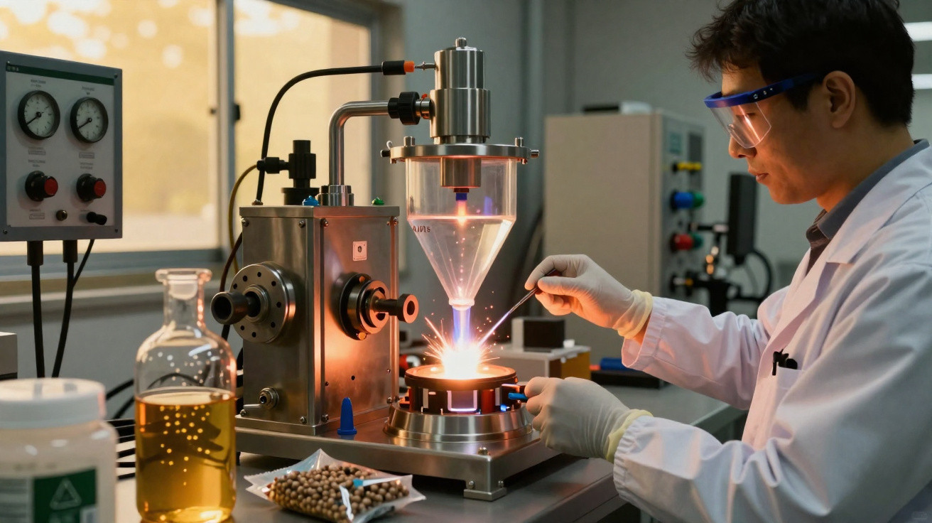Cientista em laboratório a realizar experimento com equipamento de metalurgia e protecção ocular e luvas.