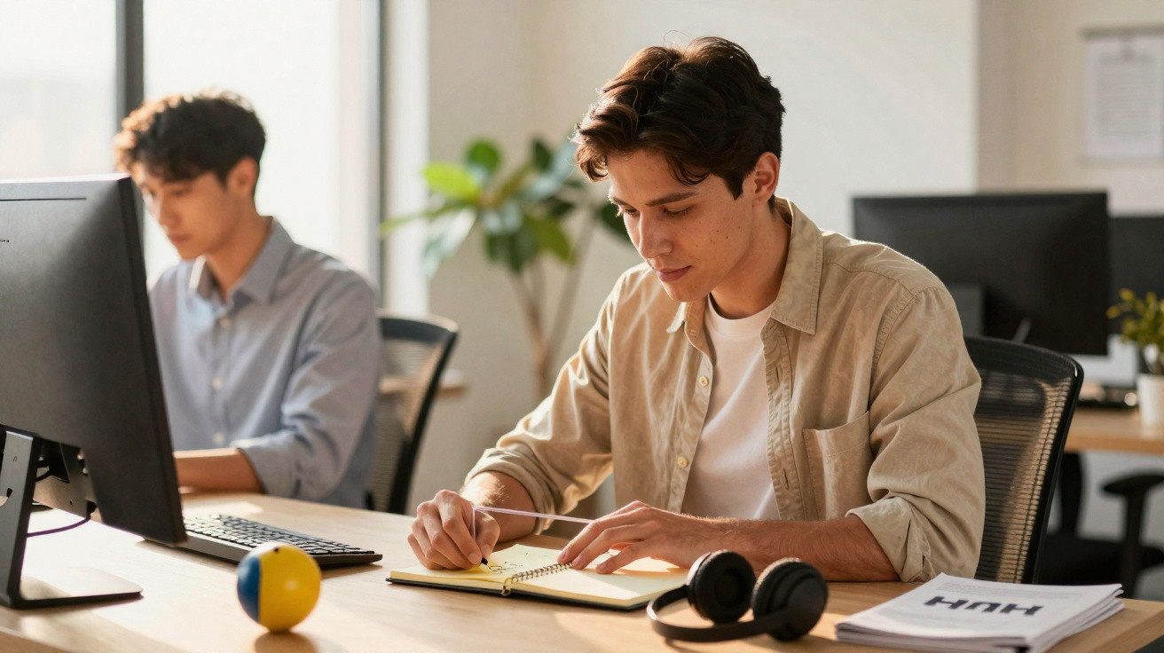 Dois jovens trabalham em escritório moderno; um escreve num caderno e o outro está focado no computador.