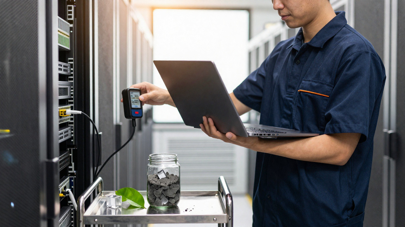 Técnico a verificar equipamento informático num servidor com portátil e dispositivo manual numa sala de servidores.