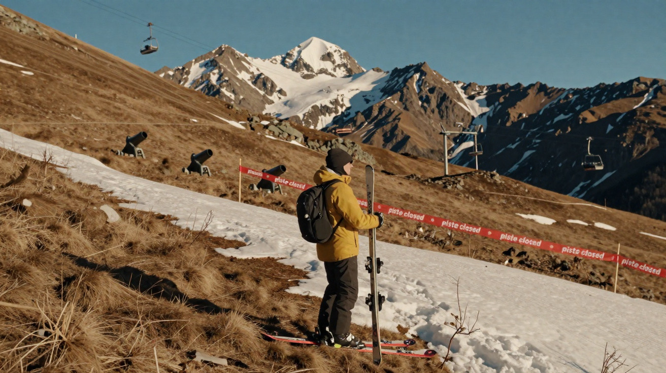 Pessoa com equipamento de esqui junto a faixa vermelha que indica pista fechada numa montanha com neve e rochas.