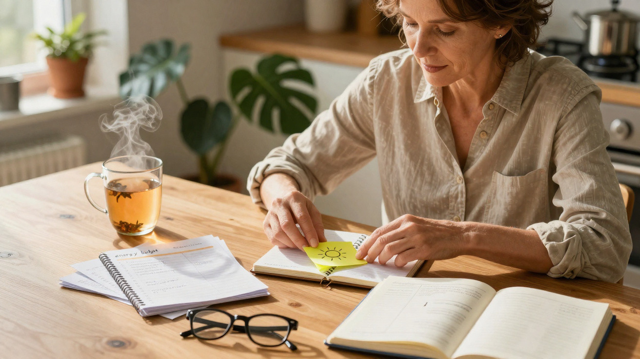 Mulher sentada à mesa a colar nota com desenho de sol num caderno, chá quente e livros à sua volta.