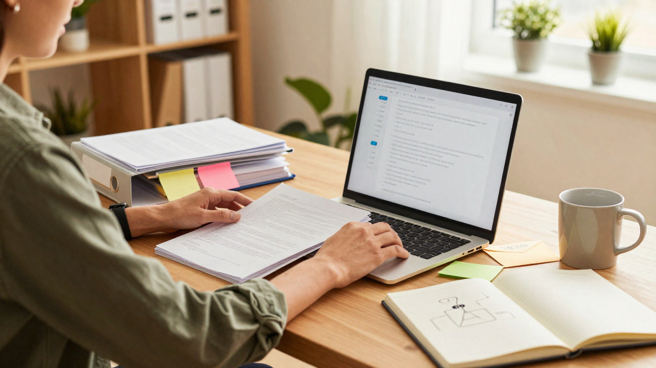 Pessoa a trabalhar com documentos e um computador portátil num ambiente de escritório luminoso e organizado.