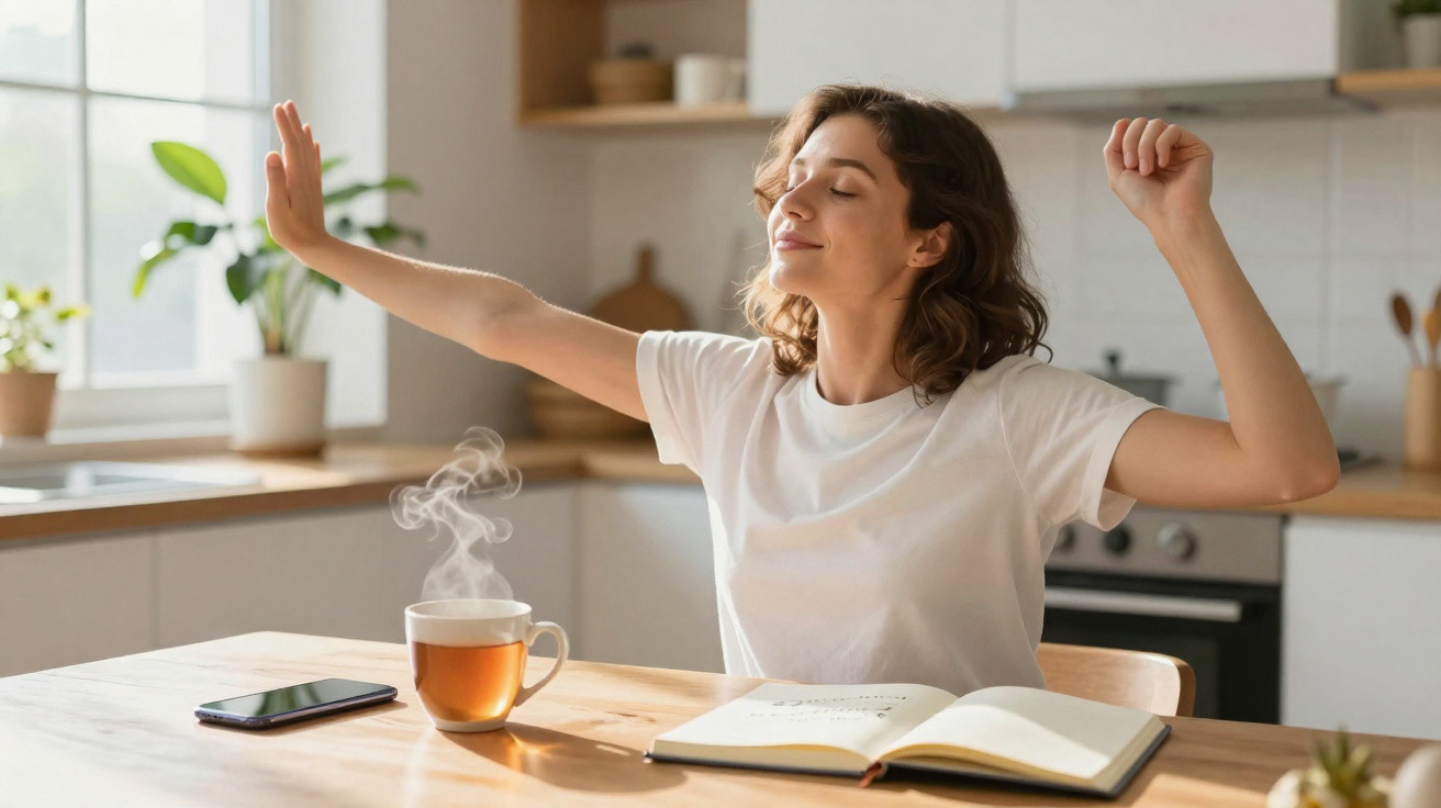 Mulher jovem a alongar-se sentada numa cozinha, com chá quente, telemóvel e caderno à sua frente.