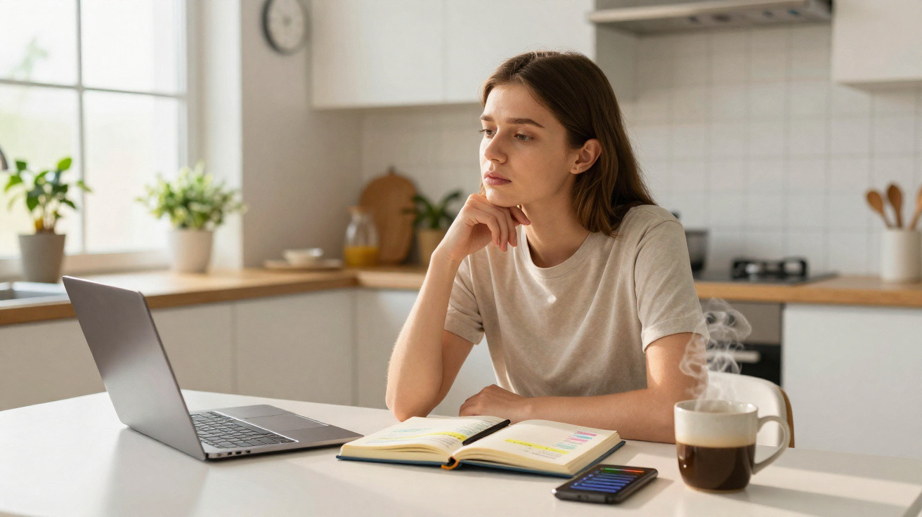 Jovem pensativa sentada à mesa com portátil, caderno aberto, smartphone e chá quente numa cozinha moderna branca.