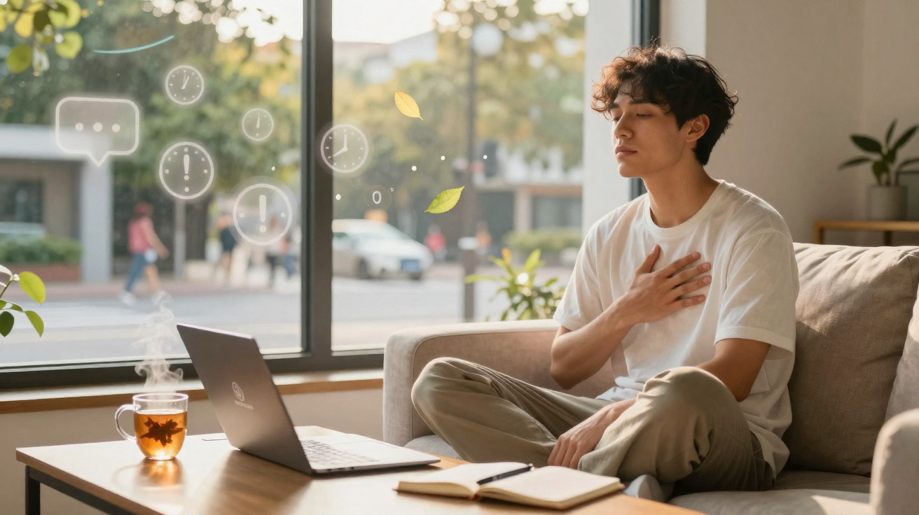 Jovem sentado no sofá a meditar com olhos fechados, mão no peito, ao lado de laptop e chá.