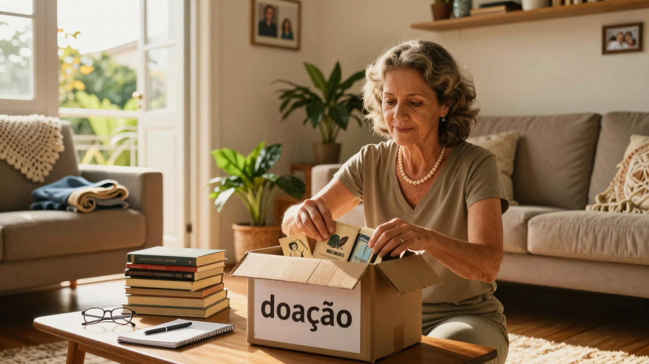 Mulher sénior a preparar caixa de doação com objetos, sentada numa sala acolhedora e luminosa.