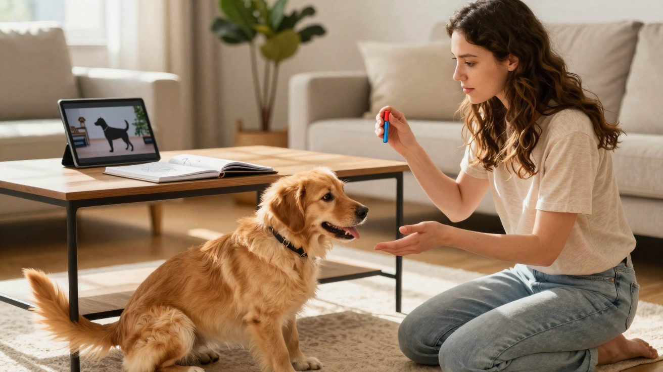 Mulher a treinar um cão golden retriever em casa, com instruções num tablet na mesa.