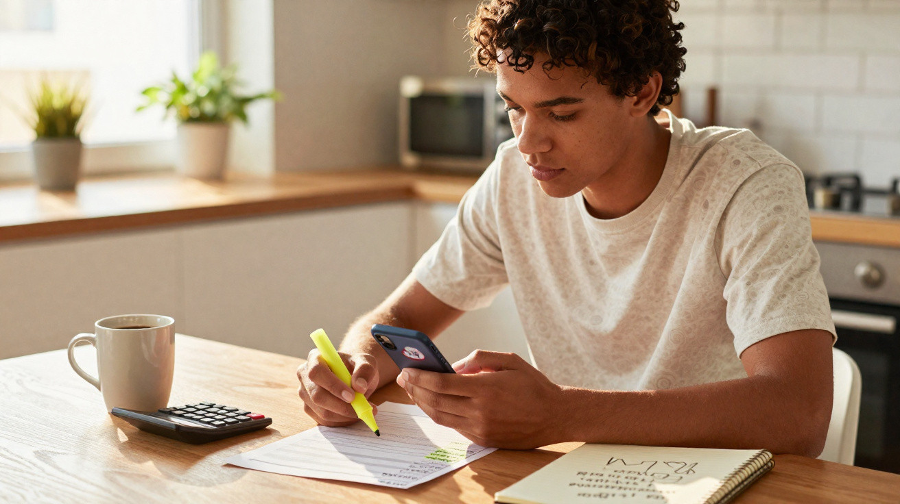 Jovem a estudar em casa, a usar telemóvel, a destacar notas com marcador amarelo numa mesa com calculadora e caderno.