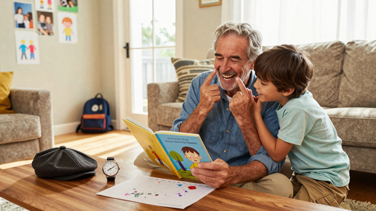 Avô e neto sentados a ler um livro infantil juntos numa sala iluminada e acolhedora.