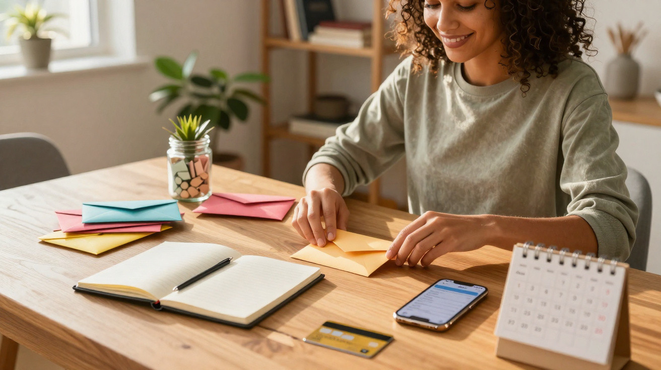 Mulher sentada a dobrar envelope colorido numa mesa com caderno, telemóvel, cartão e calendário.