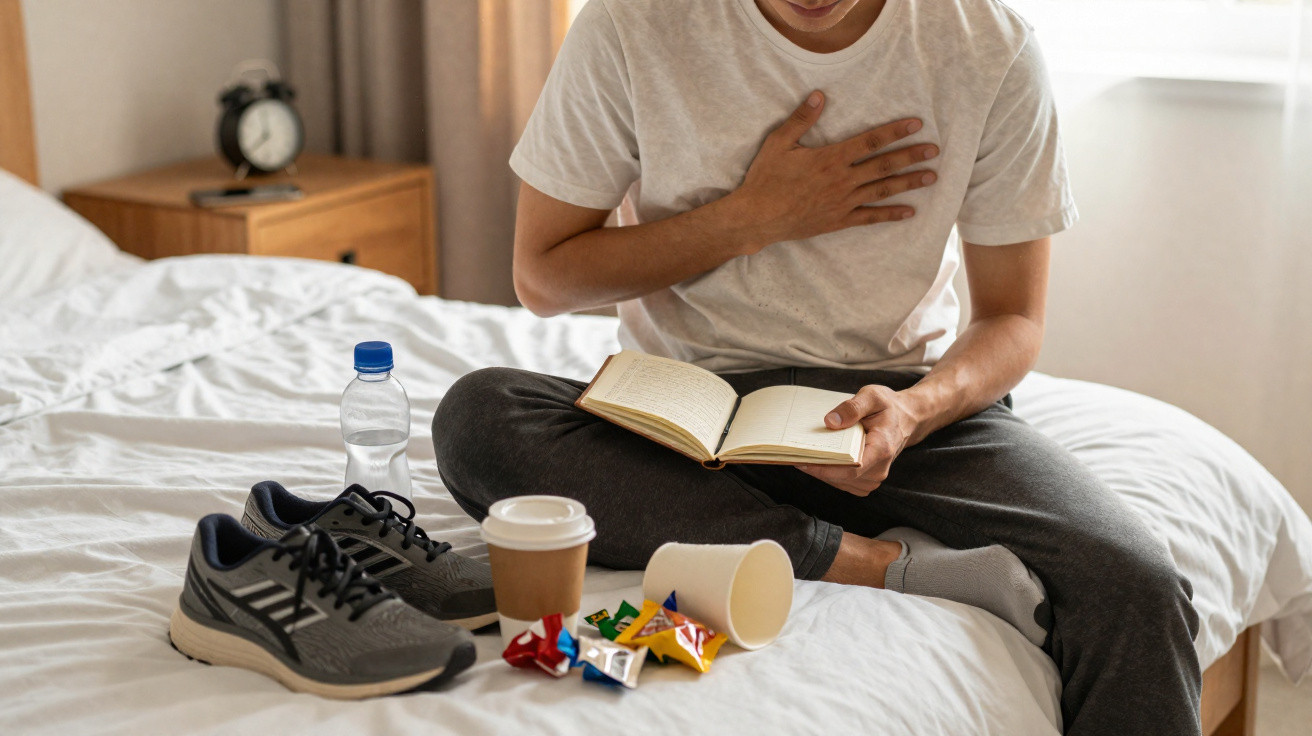 Pessoa sentada na cama lendo um livro, rodeada de lixo, garrafa de água, ténis e café.