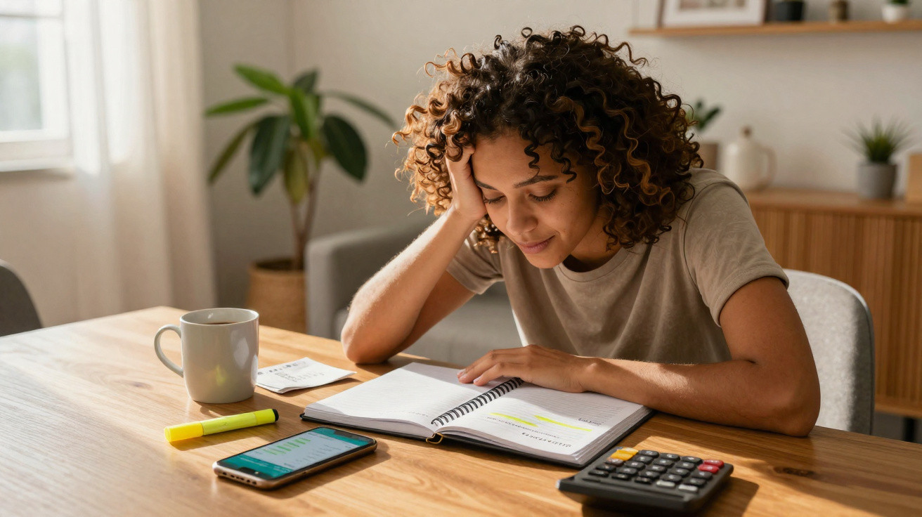 Mulher a estudar numa mesa com livro, calculadora, telemóvel, marcador amarelo e chávena.