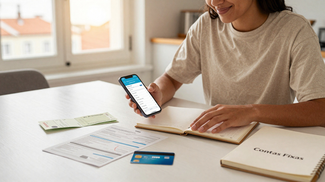 Pessoa a consultar finanças no telemóvel com documentos e caderno aberto numa mesa iluminada junto à janela.