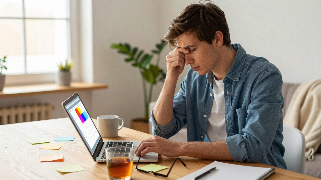 Jovem sentado à mesa com computador portátil, visivelmente cansado ou stressado, numa sala bem iluminada.