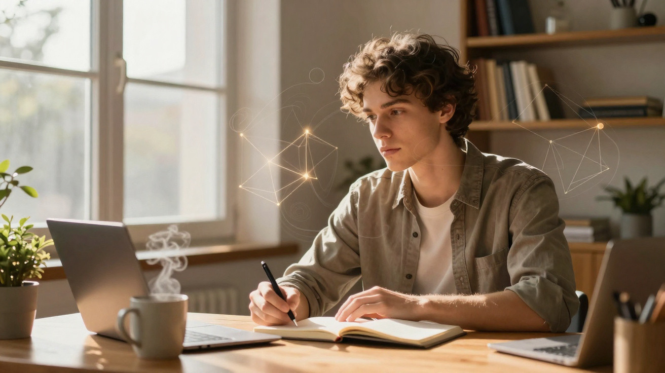 Jovem a estudar com laptop e caderno, numa mesa com plantas e caneca de chá quente, em ambiente iluminado.