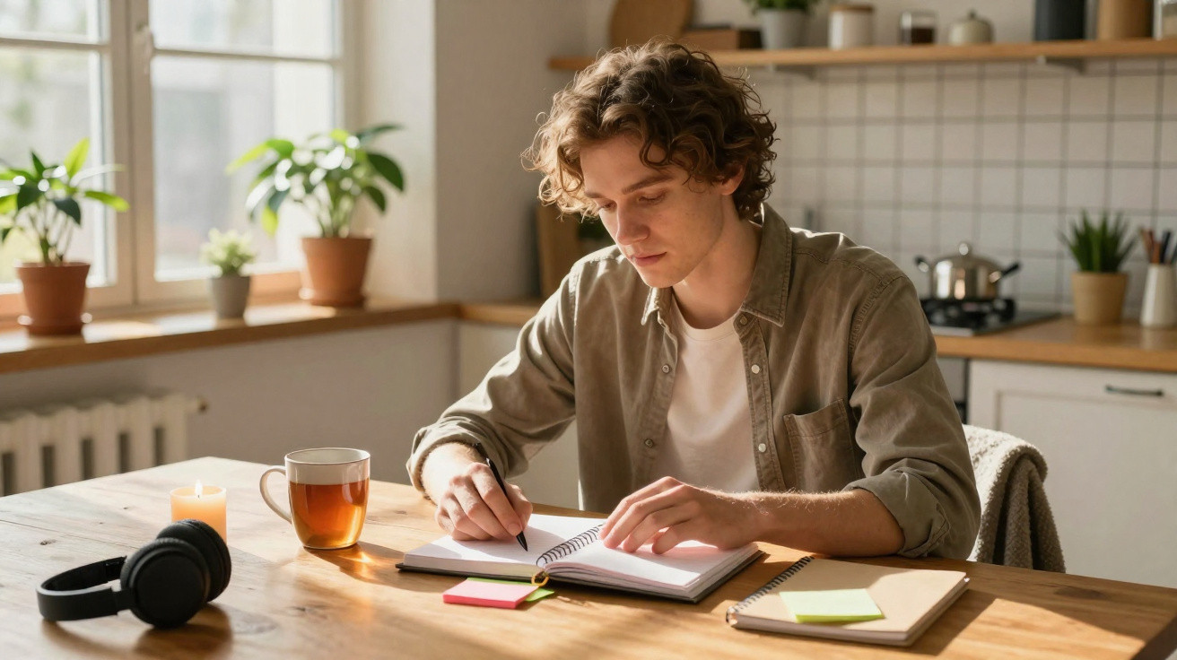 Jovem sentado à mesa a escrever num caderno, com chá, auriculares e velas numa cozinha iluminada.