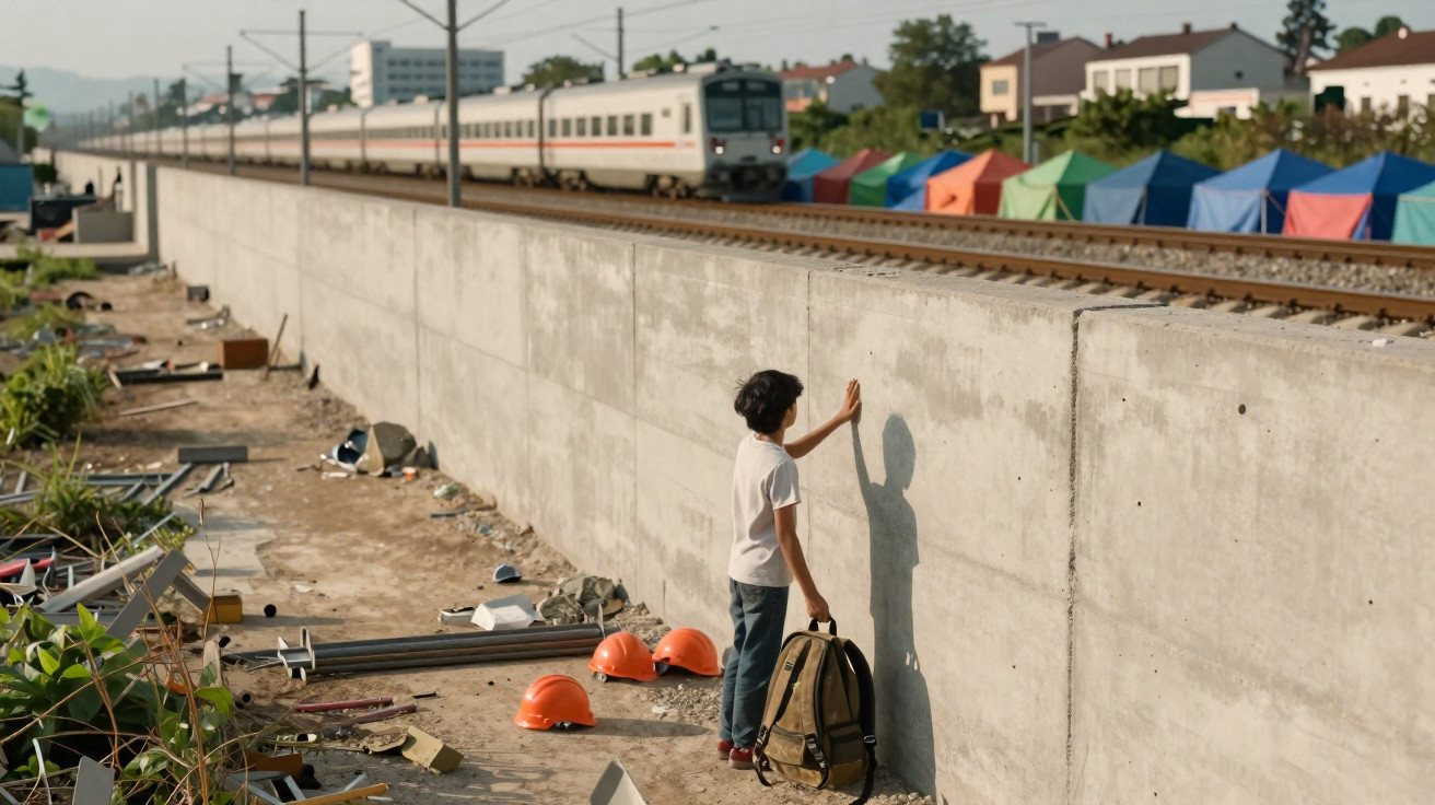 Criança com mochila toca parede de betão junto a carril de comboio e capacetes laranja espalhados no chão.
