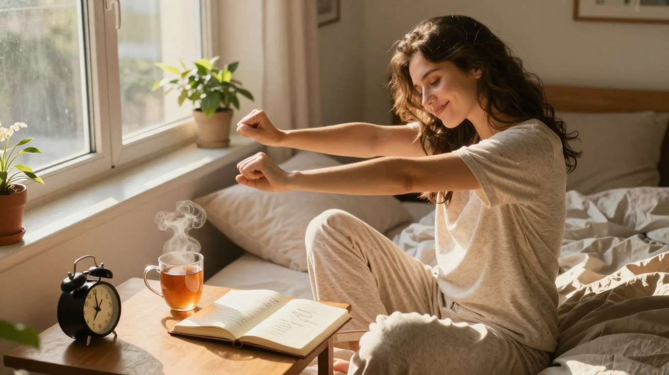 Mulher em pijama a espreguiçar-se sentada na cama ao lado de chá quente, livro aberto e despertador na mesa.