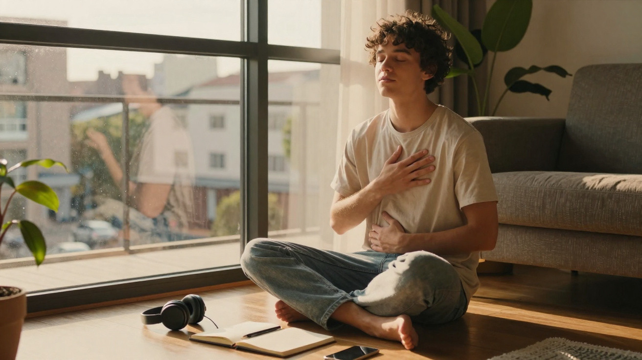 Jovem sentado em posição de meditação perto da janela, com mãos no peito e abdómen, num ambiente iluminado.