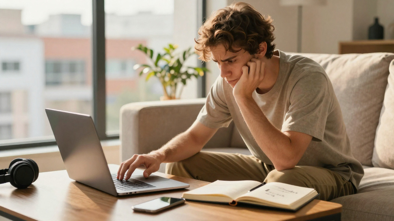 Jovem sentado no sofá a trabalhar com portátil, caderno aberto e telemóvel numa mesa à frente.