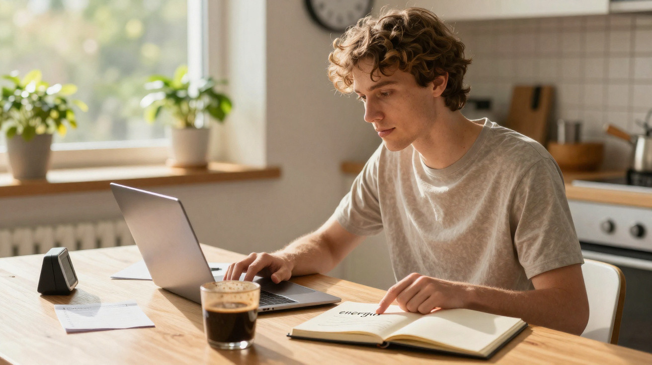 Homem jovem a estudar num caderno e a usar computador portátil numa cozinha iluminada.