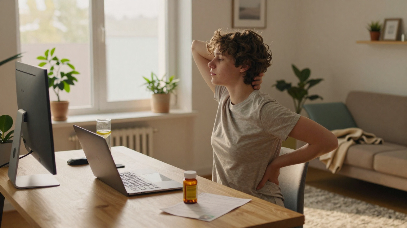 Pessoa sentada numa cadeira a esticar costas, junto a mesa com computador, garrafa de comprimidos e copo de água.