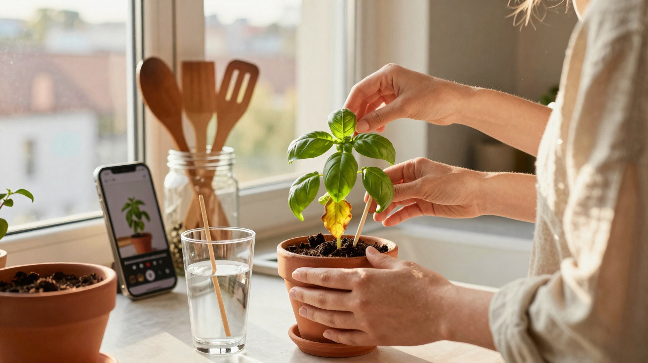 Mãos cuidam de planta em vaso perto de janela, com telemóvel a mostrar a mesma planta e utensílios de cozinha.