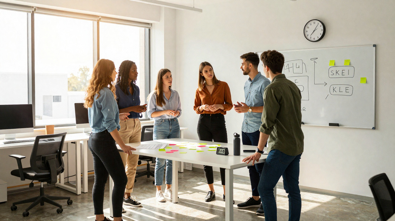Grupo de seis jovens a discutir ideias em torno de uma mesa numa sala de escritório iluminada.