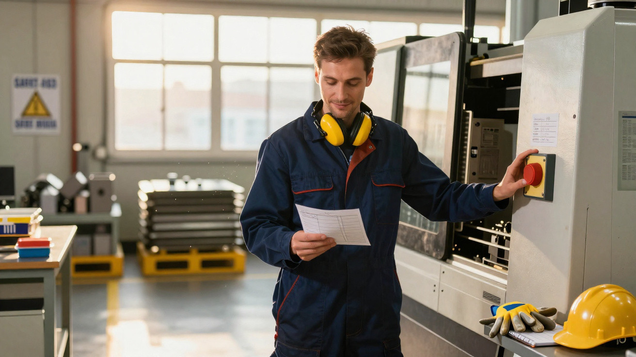 Operário com fato de trabalho e proteção auditiva a controlar máquina industrial numa oficina.