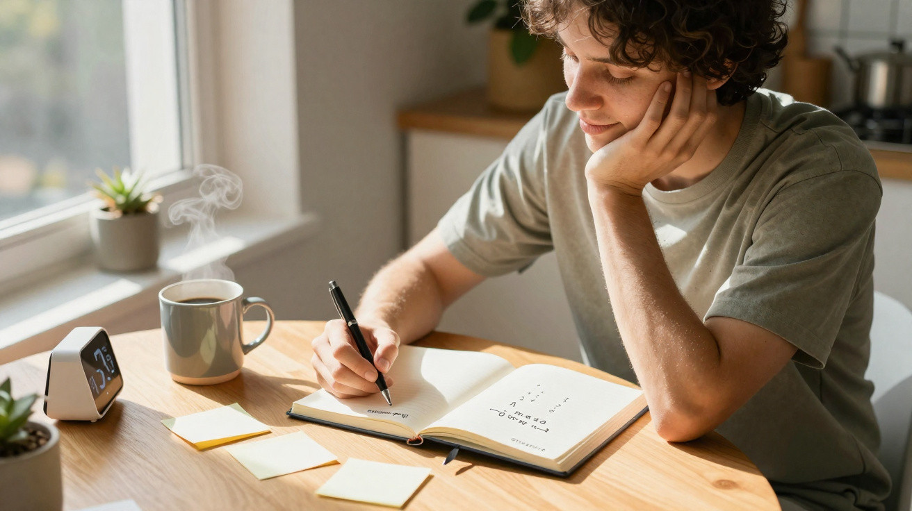 Pessoa com cabelo curto e encaracolado a escrever num caderno numa mesa com chá quente e notas adesivas.