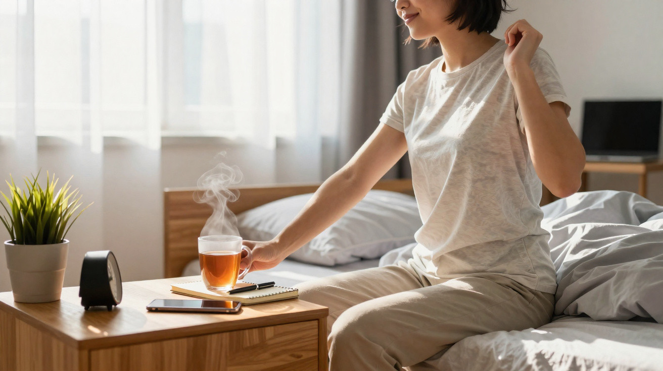 Mulher sentada na cama a esticar-se e a pegar uma chávena de chá quente numa mesa de cabeceira.