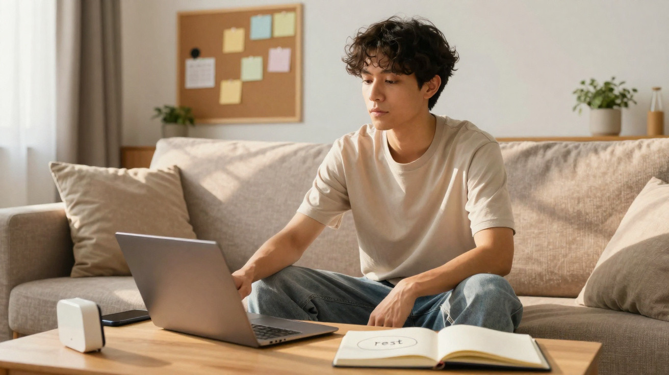 Homem jovem sentado no sofá a usar computador portátil à mesa com caderno aberto numa sala iluminada.