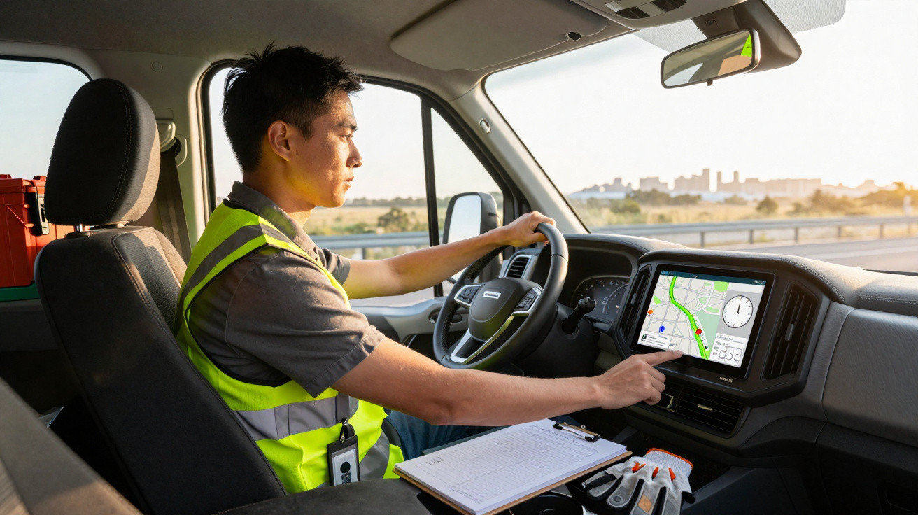Homem com colete refletor a conduzir carrinha e a usar sistema de navegação GPS ao volante.