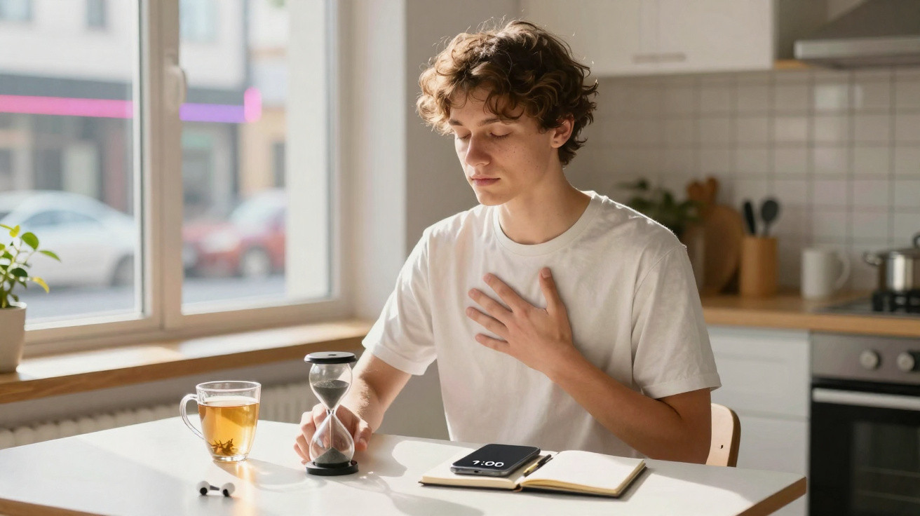 Jovem sentado à mesa com ampulheta na mão, chá e caderno, concentrado, numa cozinha iluminada.