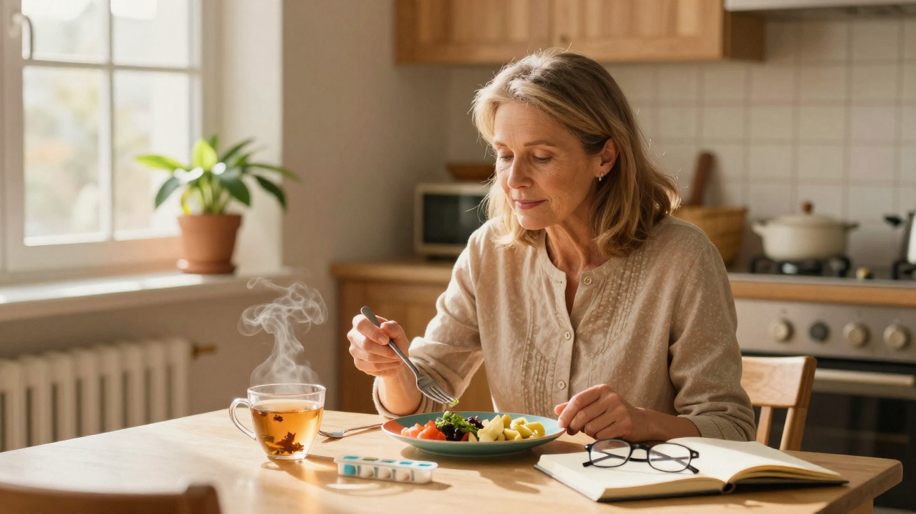 Mulher adulta a comer refeição saudável na cozinha, com chá quente e medicação na mesa.