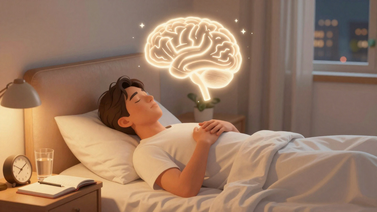 Jovem deitado a dormir, com uma ilustração luminosa de cérebro sobre a cabeça, num quarto à noite.