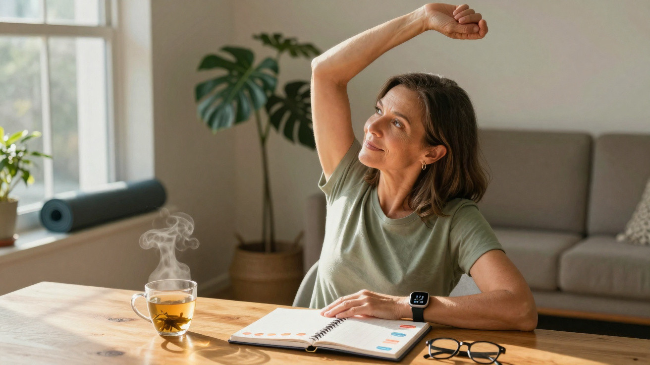 Mulher a alongar o braço enquanto está sentada à mesa com chá quente, caderno aberto e óculos.