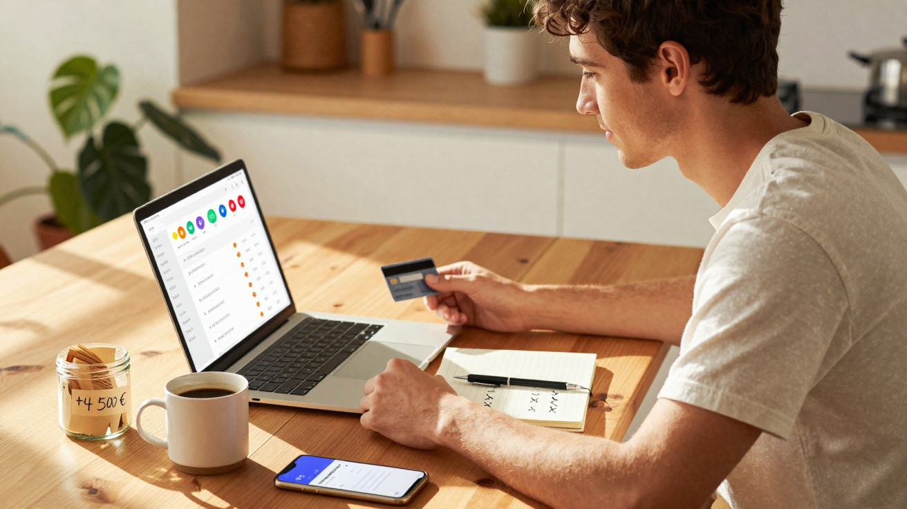 Homem sentado a fazer compras online com cartão de crédito, laptop, telemóvel e café numa mesa de madeira.