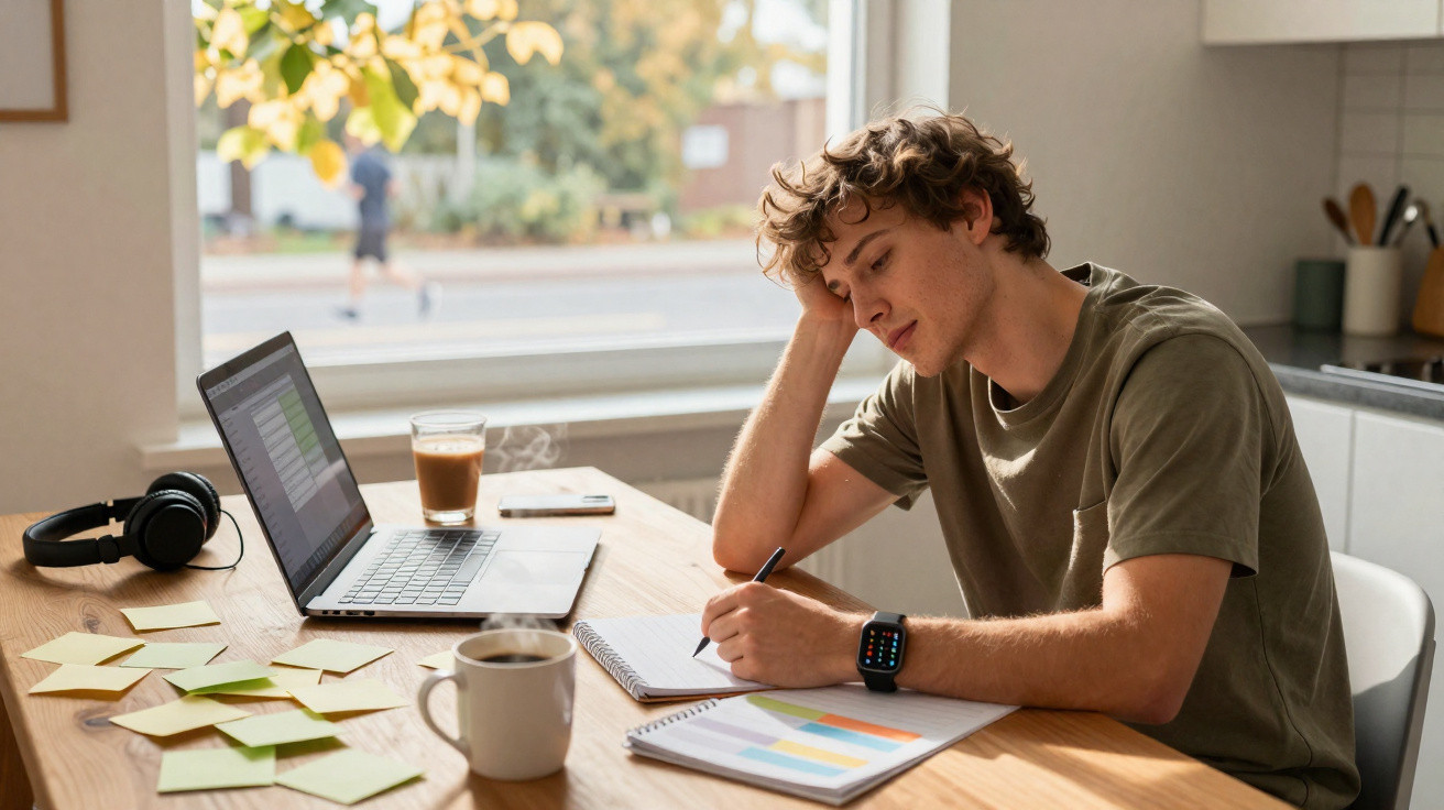 Jovem sentado numa mesa a escrever, com computador, café e notas, numa divisão com janela e luz natural.