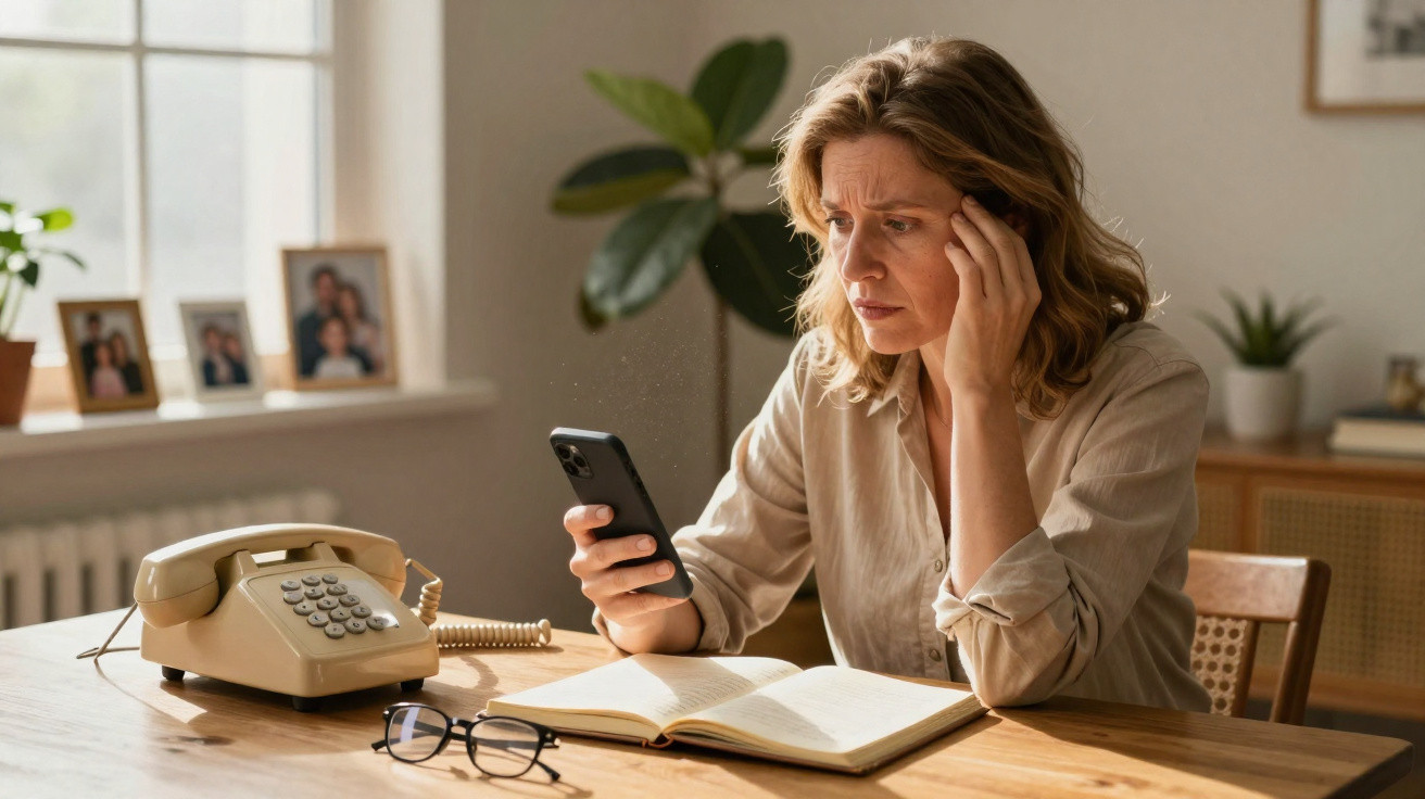 Mulher preocupada a olhar para o telemóvel enquanto está sentada à mesa com telefone antigo e livro aberto.