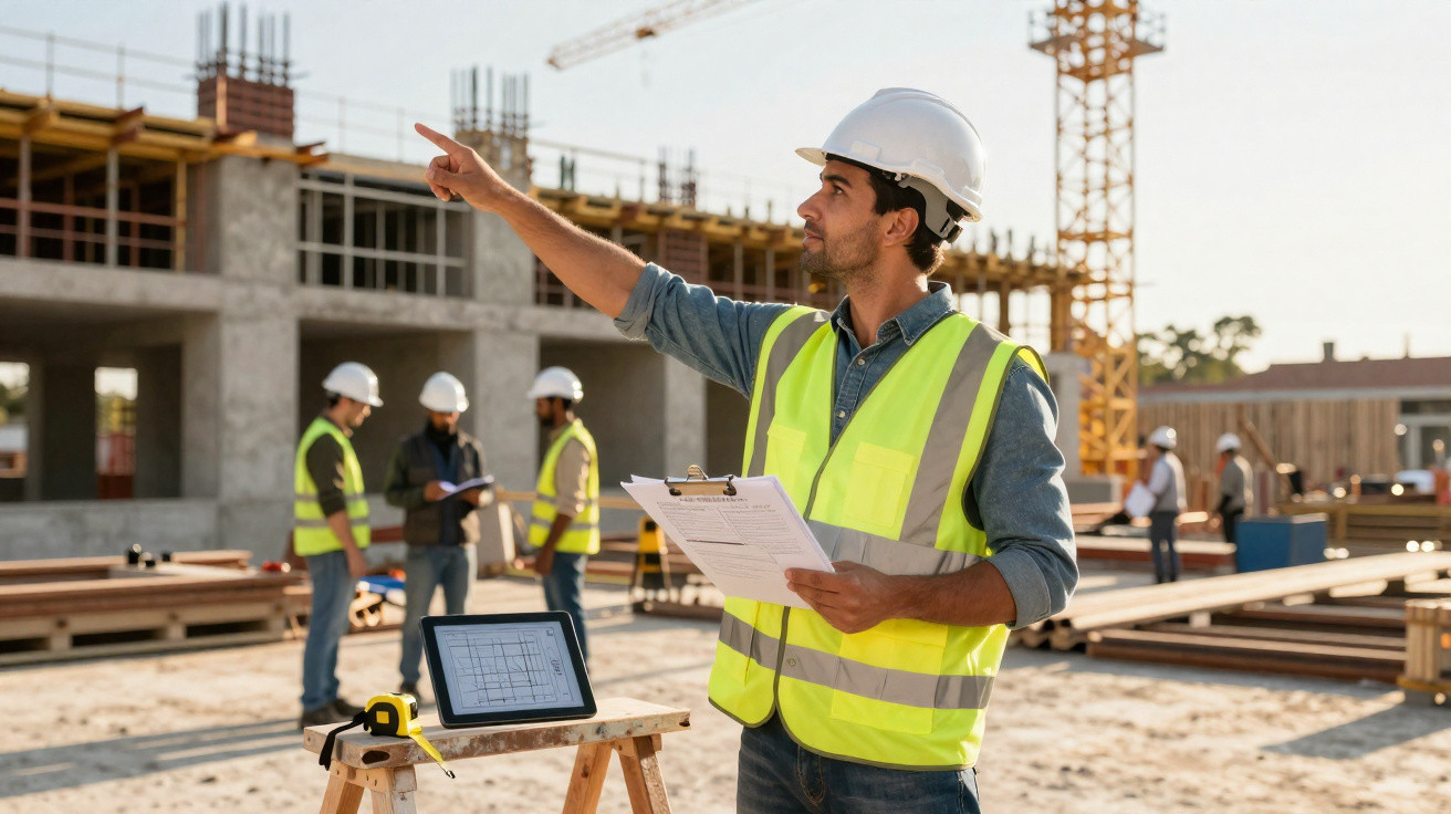 Engenheiro de construção civil com colete refletor e capacete a apontar numa obra em construção ao ar livre.