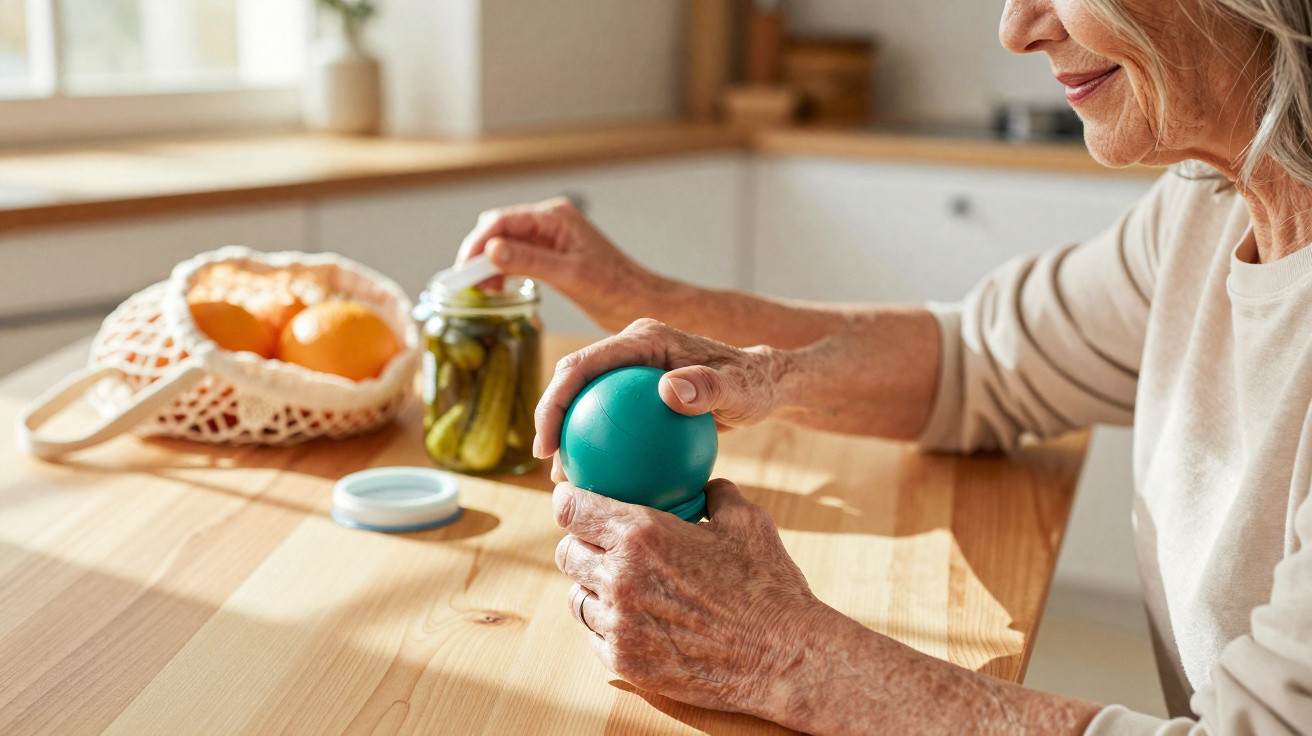 Idosa a abrir um frasco azul sentada à mesa de madeira numa cozinha iluminada.