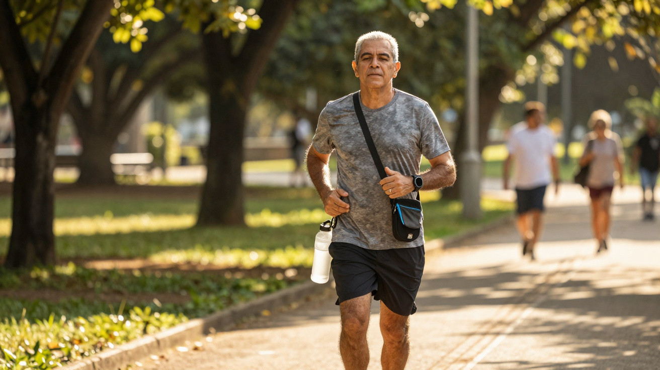 Homem sénior a correr num parque espaçoso com árvores e outras pessoas a caminhar ao fundo.